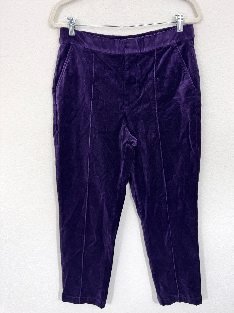 Lands' End Women High Rise Velvet Pants Sz 10 Cotton Stretch Winter Jewel Purple